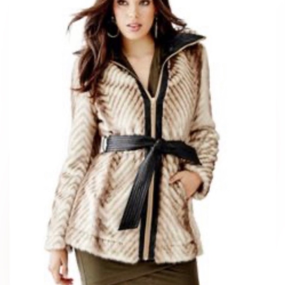 Guess Jackets & Blazers - Guess Faux Fur Belted Jacket - Brown and Black